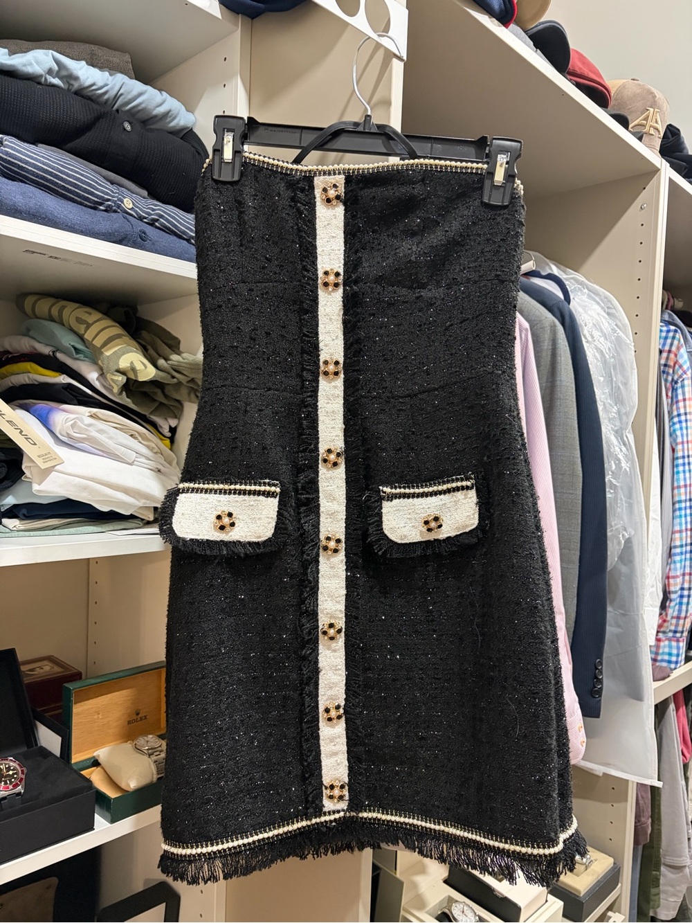 Walter Baker Black A-Line Tweed Skirt with Ivory Trim